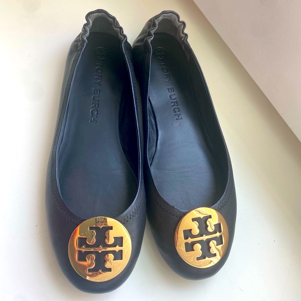 Tory Burch Black Ballet Flats with Gold Logo